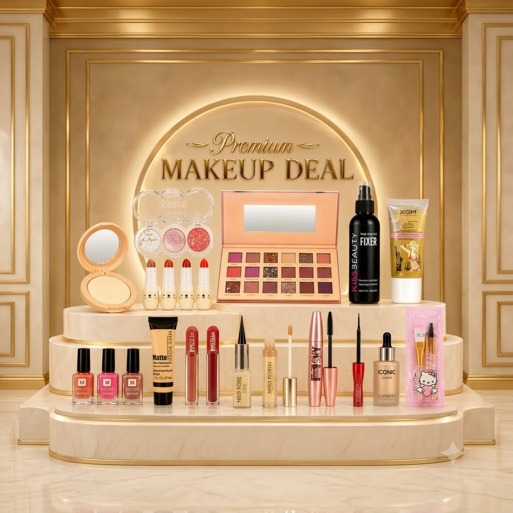 Ultimate Premium Makeup Set – Foundation, Eyeshadow Palette, Liquid Lipstick, Highlighter & Fixer Bundle