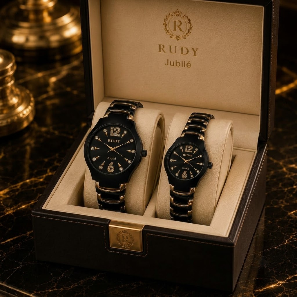 Rudy Jubilé Luxury Couple Watch Set – Elegant Black & Gold Dual-Tone Edition