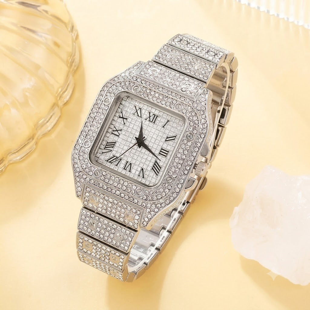 Luxury Silver Iced-Out Full Diamond Watch for Men – Square Roman Dial | Mirror Glam