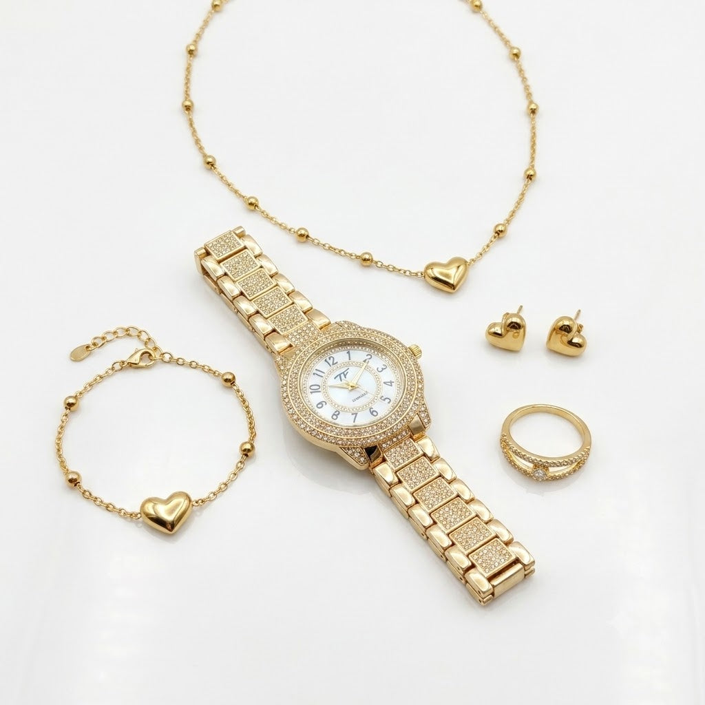 Romantic 5-Piece Women's Heart-Themed Gold Watch & Jewelry Gift Set – Love Edition (with Premium Pink Box)