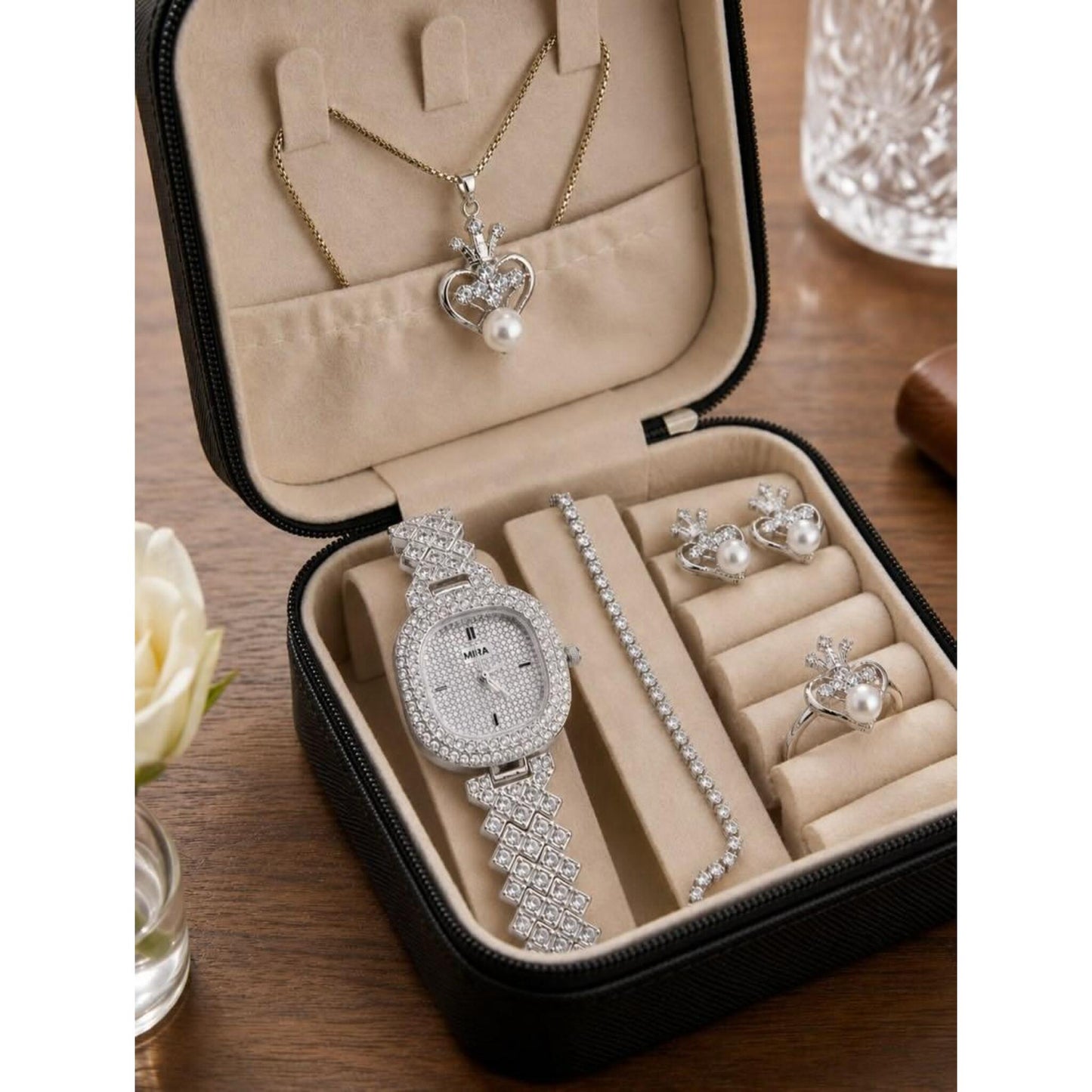 Luxury Rose Gold Watch & Pearl Jewelry Gift Set (5-Piece Combo with Box) ✨