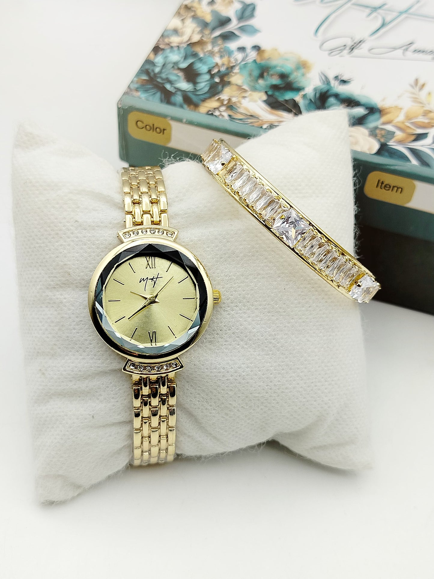 Ladies Golden Quartz Watch & Zirconia Bangle Gift Combo | Mirror Glam