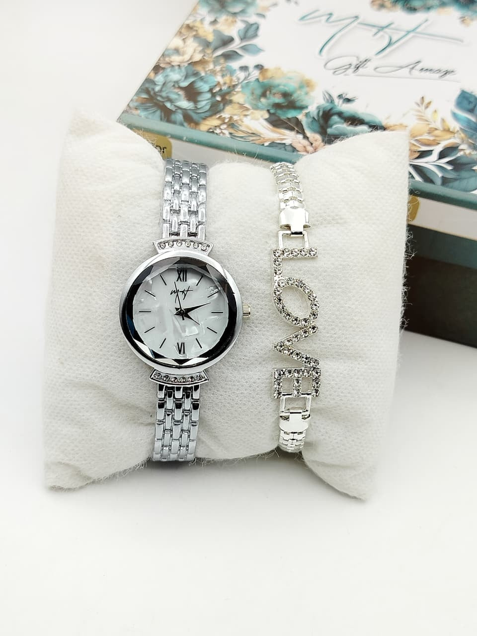 Luxury Silver Ladies Watch & Crystal Bracelet Combo | Mirror Glam Pakistan