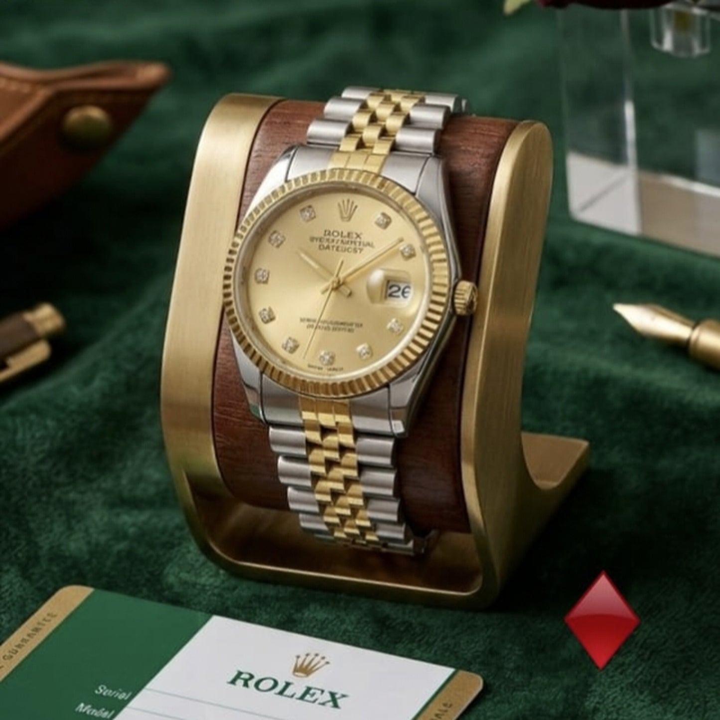 Elegant Rolex Datejust Watch with Wooden Display Stand | Mirror Glam