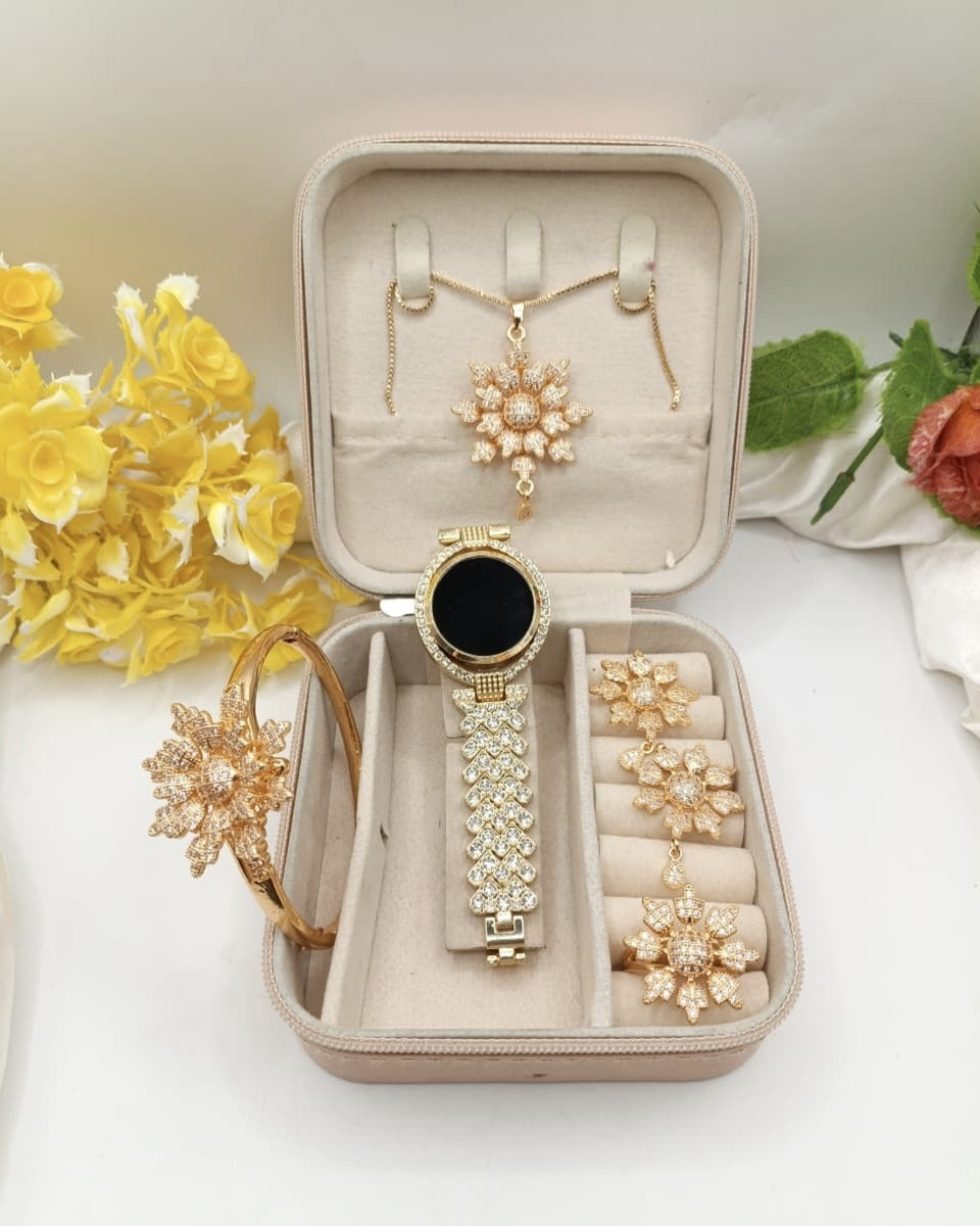Elegant Flower Design Golden Jewelry Combo Set | Mirror Glam Pakistan