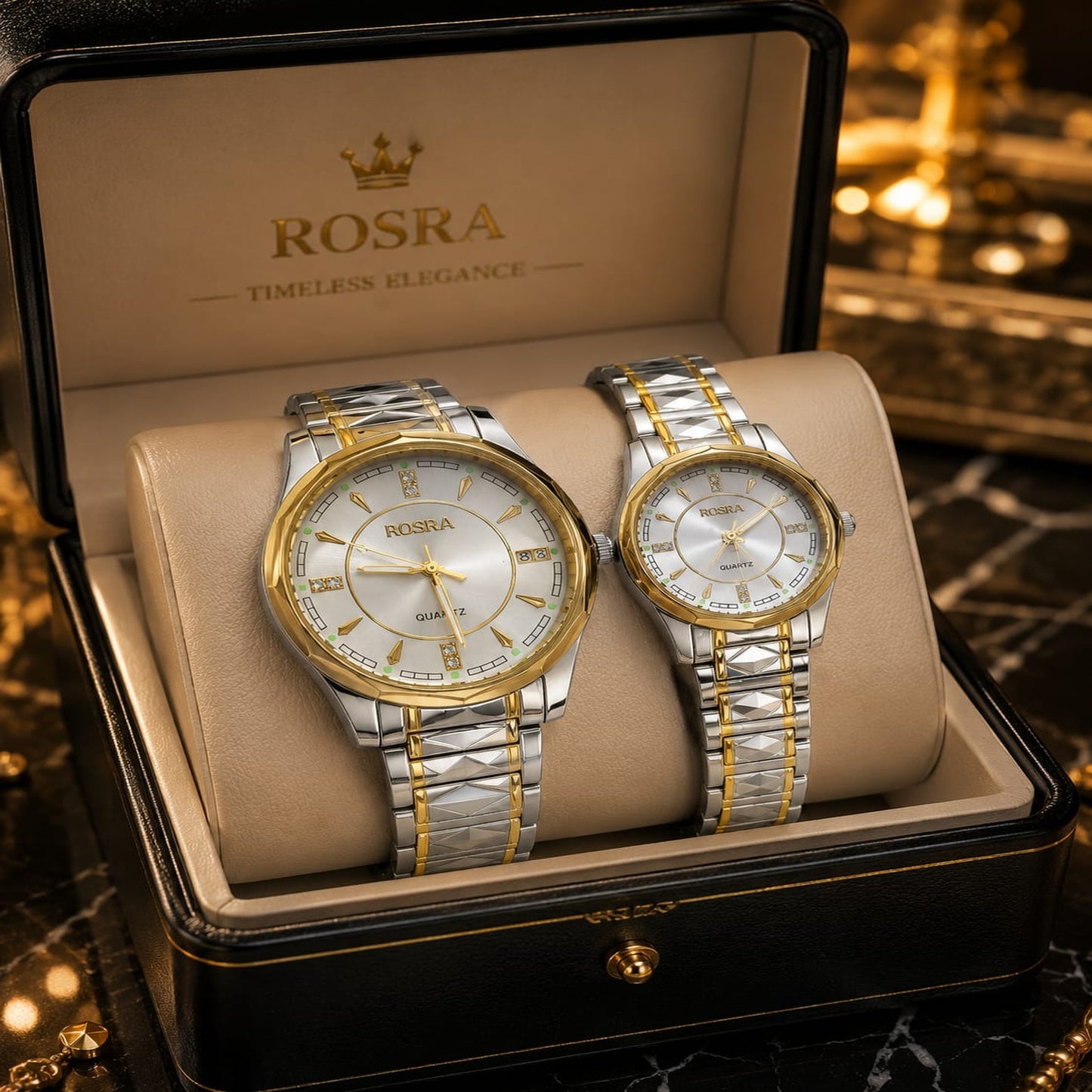 ROSRA Couple Watch Set – Silver Gold Two-Tone White Dial Quartz | Gift Box | Mirror Glam