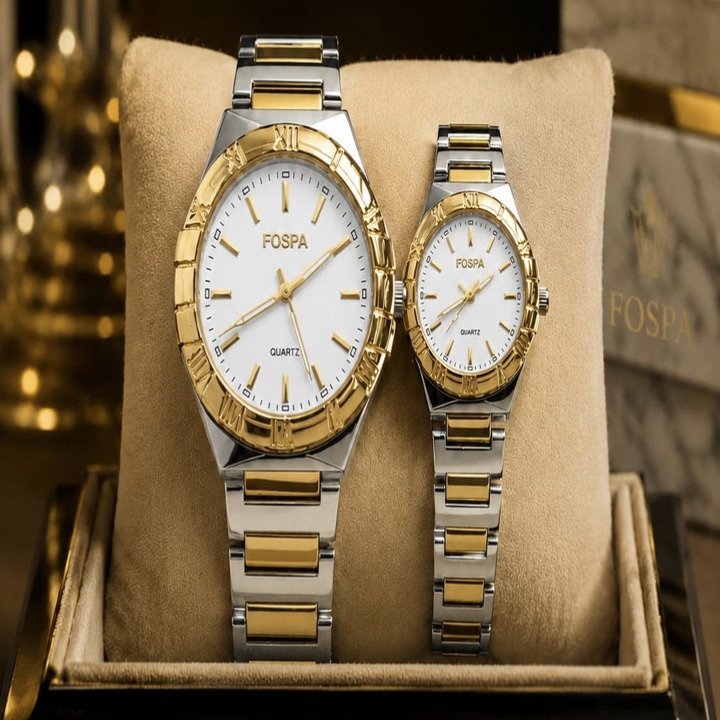 FOSPA Luxury Couple Watches – Premium Two-Tone Gold & Silver Set