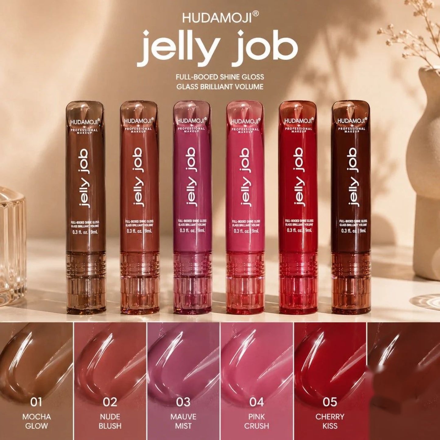 HUDAMOJI® Jelly Job Full-Bodied Shine Lip Gloss – Glass Brilliant Volume (Set of 6 Shades)
