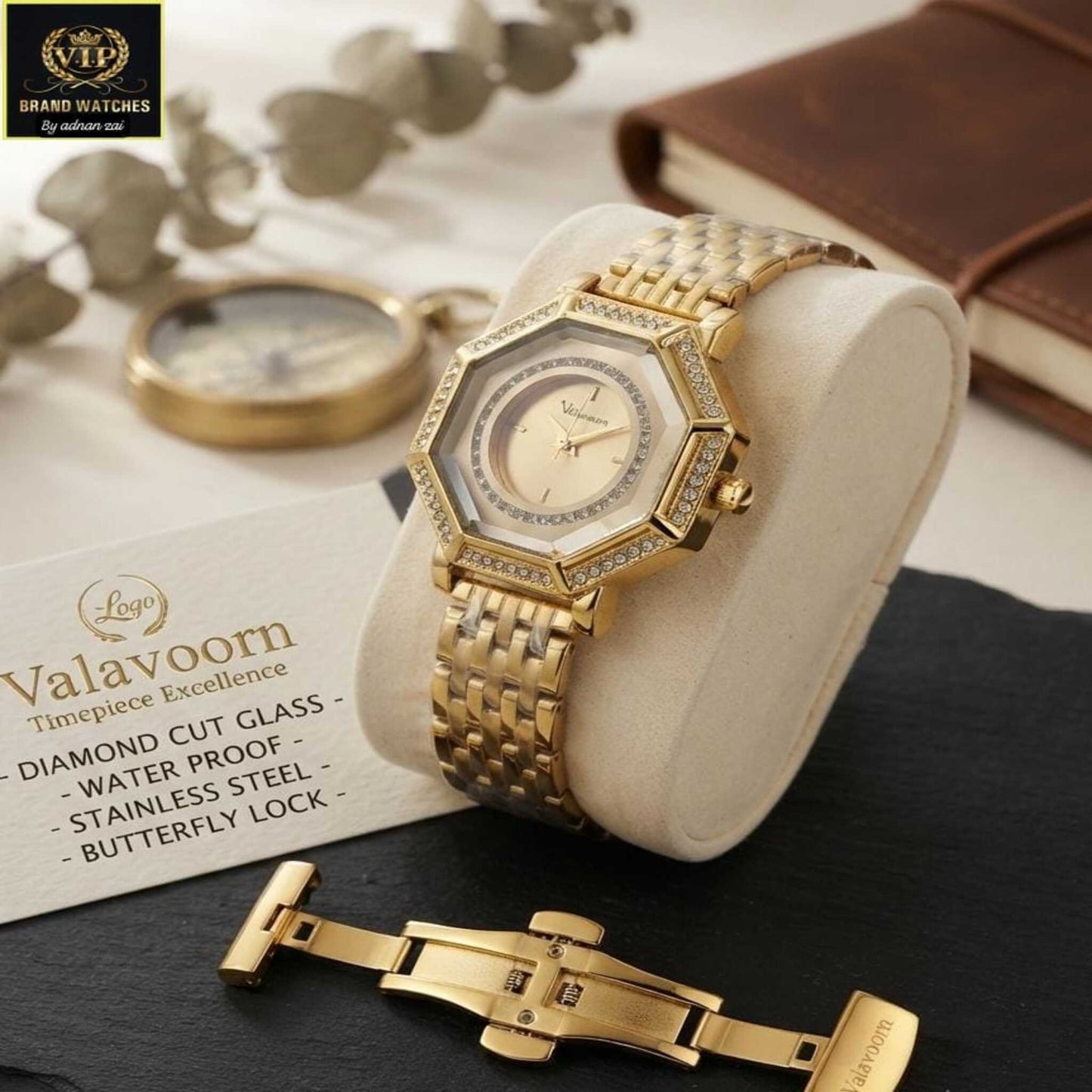 Vavavoom Luxury Full Gold Octagonal Watch with Diamond Cut Glass