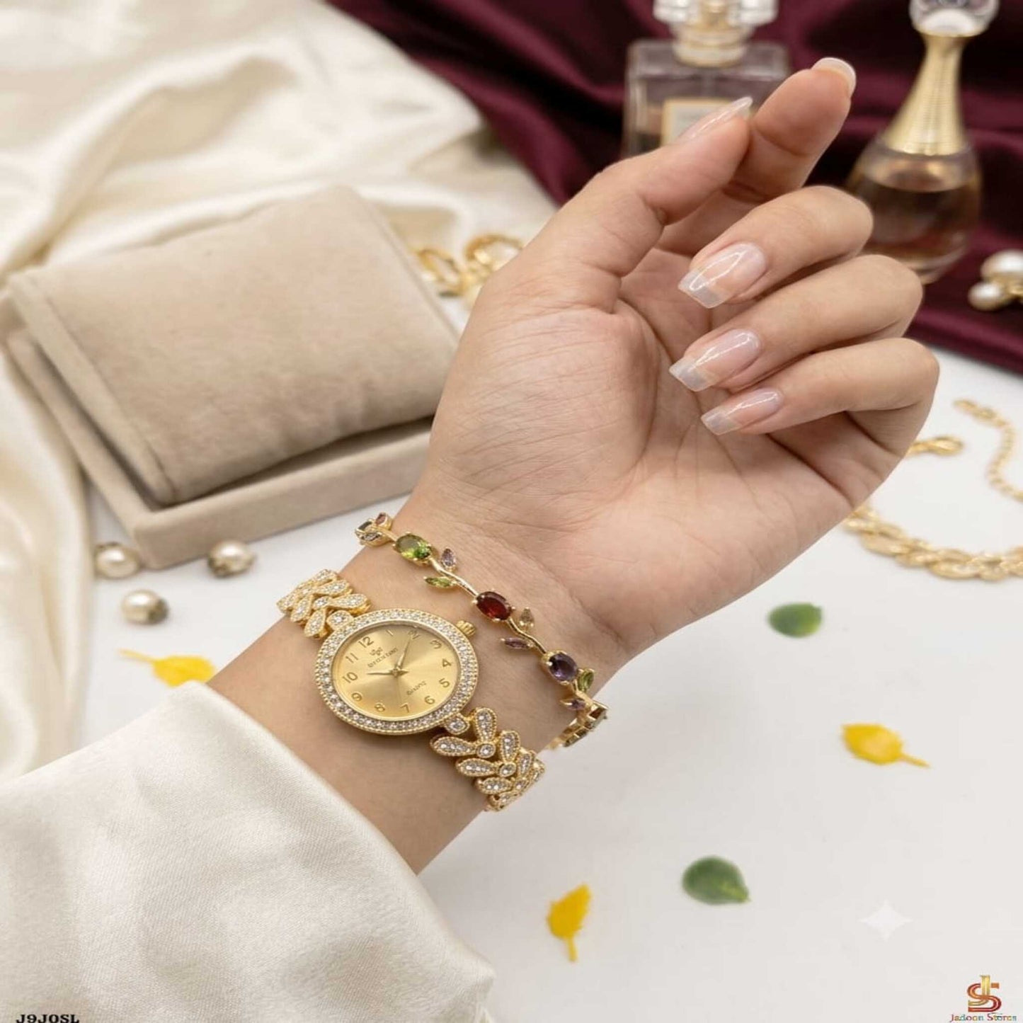 Elegant Golden Watch & Colorful Stone Bracelet Combo Set