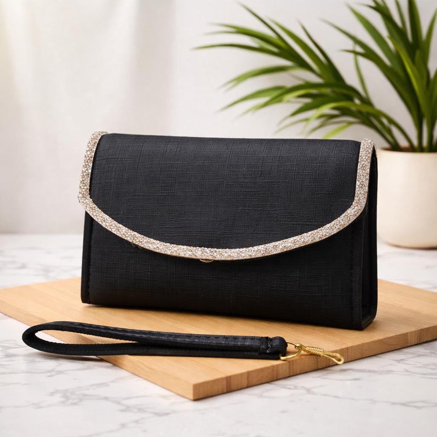 Elegant Crystal-Trimmed Envelope Clutch Bag with Wristlet Strap
(Variants: Beige/Nude | Classic Black | Midnight Navy Blue)