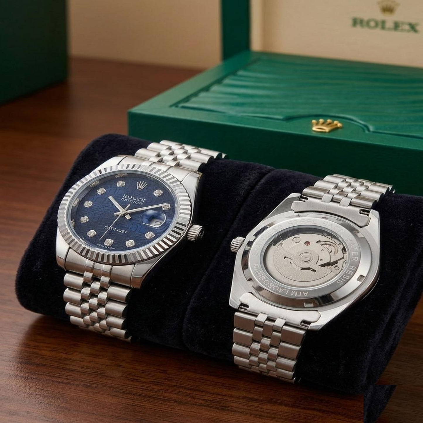 Classic Silver Automatic Watch – Royal Blue Textured Dial with Fluted Bezel