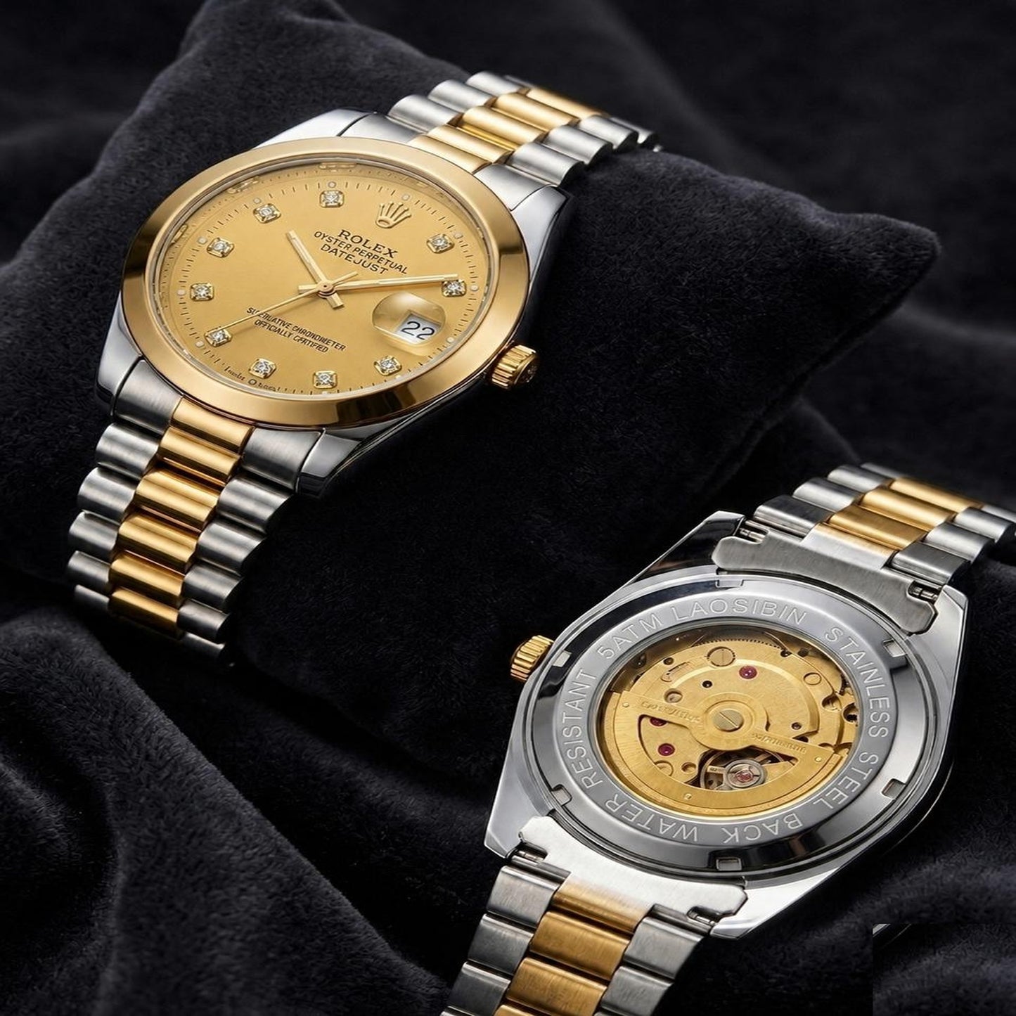 Luxury Two-Tone Automatic Watch – Golden Dial with Diamond-Style Hour Markers