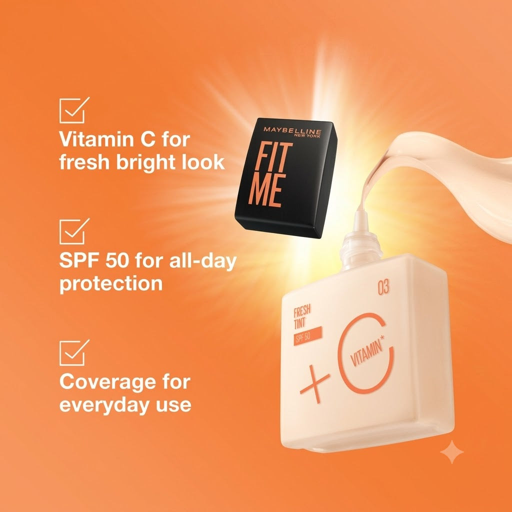 Maybelline Fit Me Fresh Liquid Foundation With Vitamin C & SPF 50 - Shade 2.5, 03, 05 (30ml)