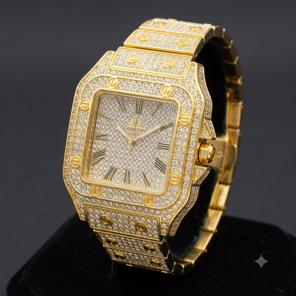 Luxury Gold Iced-Out Full Diamond Watch for Men – Square Roman Dial | Mirror Glam