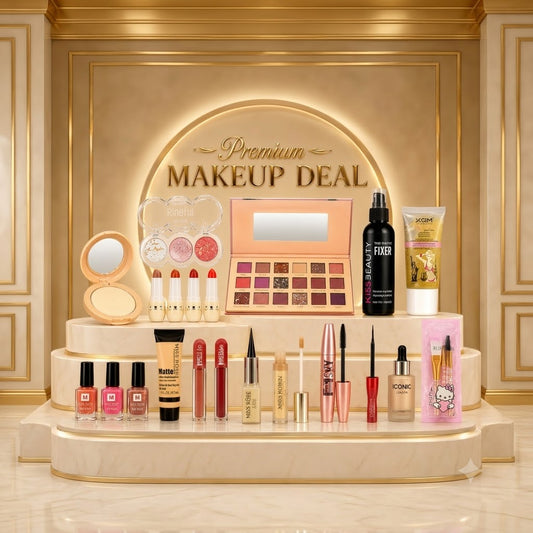 Ultimate Premium Makeup Set – Foundation, Eyeshadow Palette, Liquid Lipstick, Highlighter & Fixer Bundle