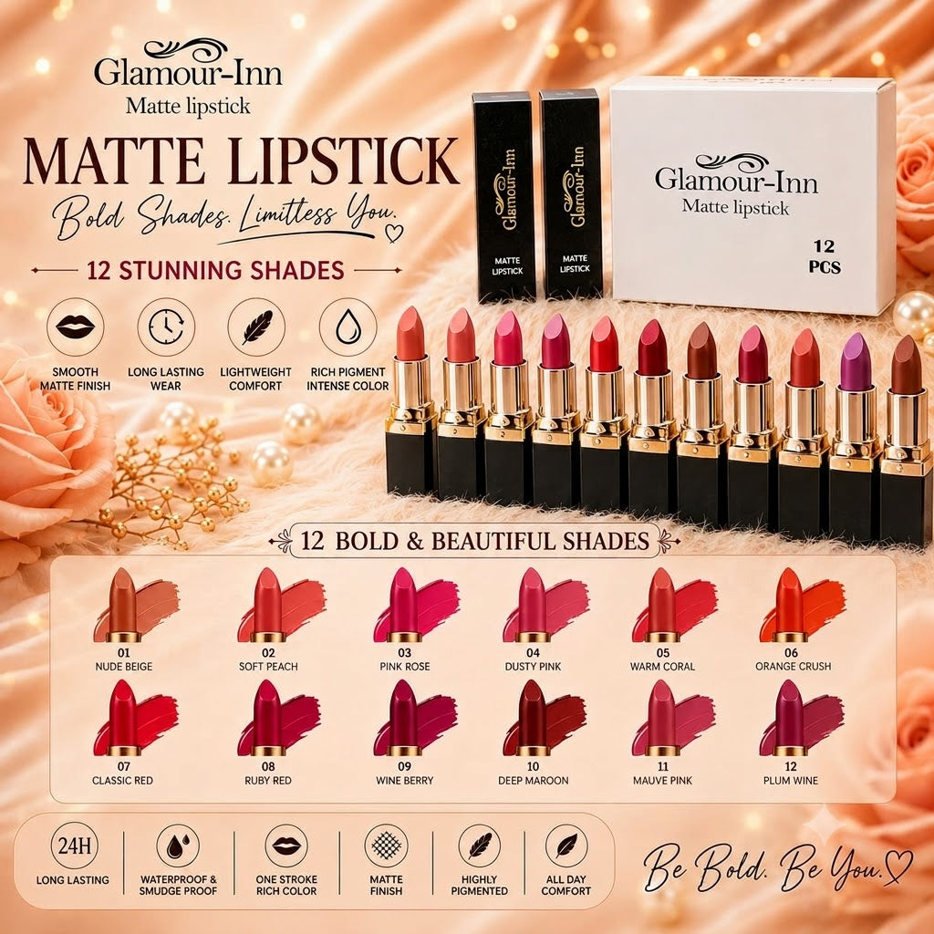 Glamour-Inn 12 Pcs Matte Lipstick Set – Waterproof Long-Lasting Bold Shades for All Skin Tones