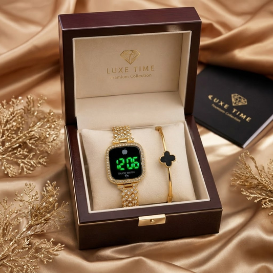 Luxe Time Premium Gold Digital Touch Watch & Matching Clover Bracelet Gift Set for Women