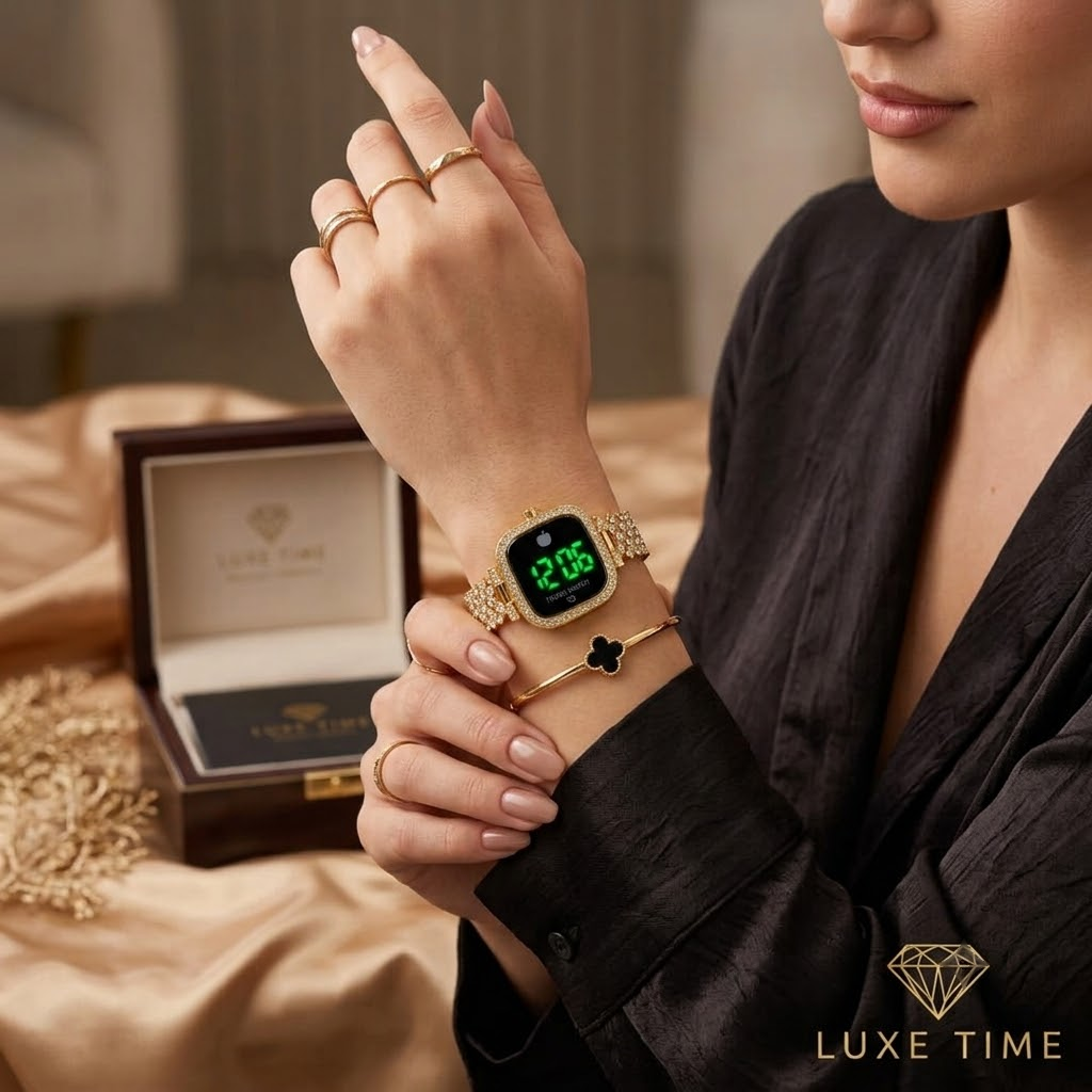 Luxe Time Premium Gold Digital Touch Watch & Matching Clover Bracelet Gift Set for Women