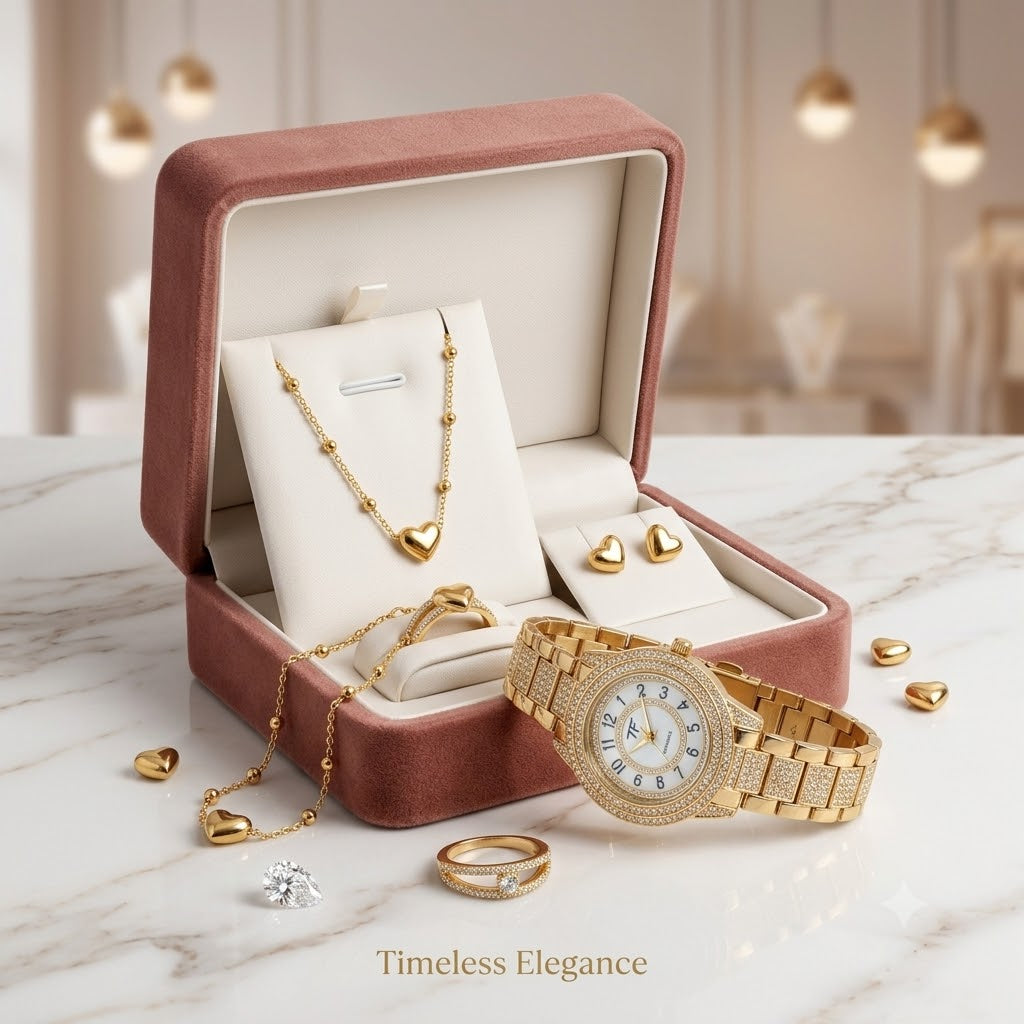 Romantic 5-Piece Women's Heart-Themed Gold Watch & Jewelry Gift Set – Love Edition (with Premium Pink Box)