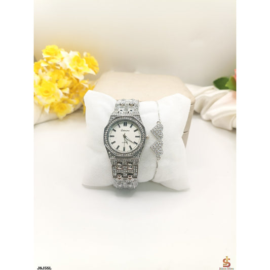 Elegant Diamond-Studded Silver Watch & Bracelet Combo – Perfect Gift Set 🎁