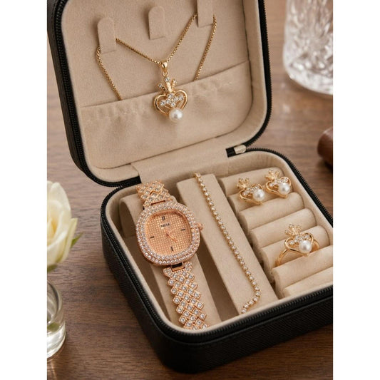 Luxury Rose Gold Watch & Pearl Jewelry Gift Set (5-Piece Combo with Box) ✨