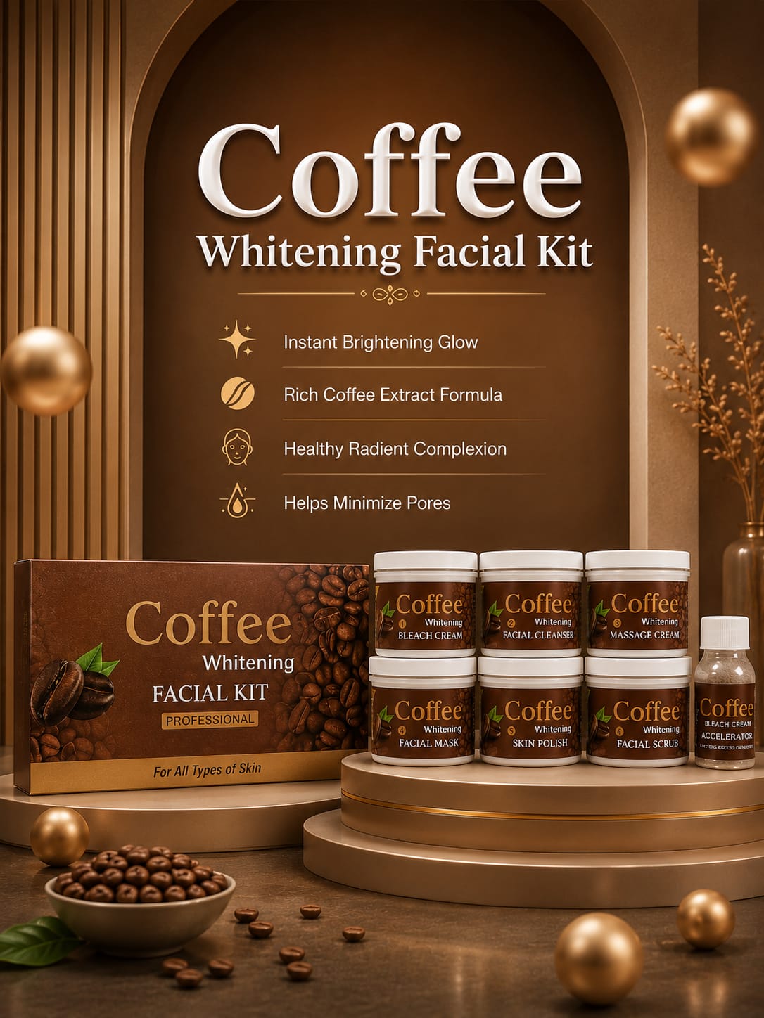 Coffee Whitening Facial Kit - Professional 6-Step Skin Brightening Glow Set