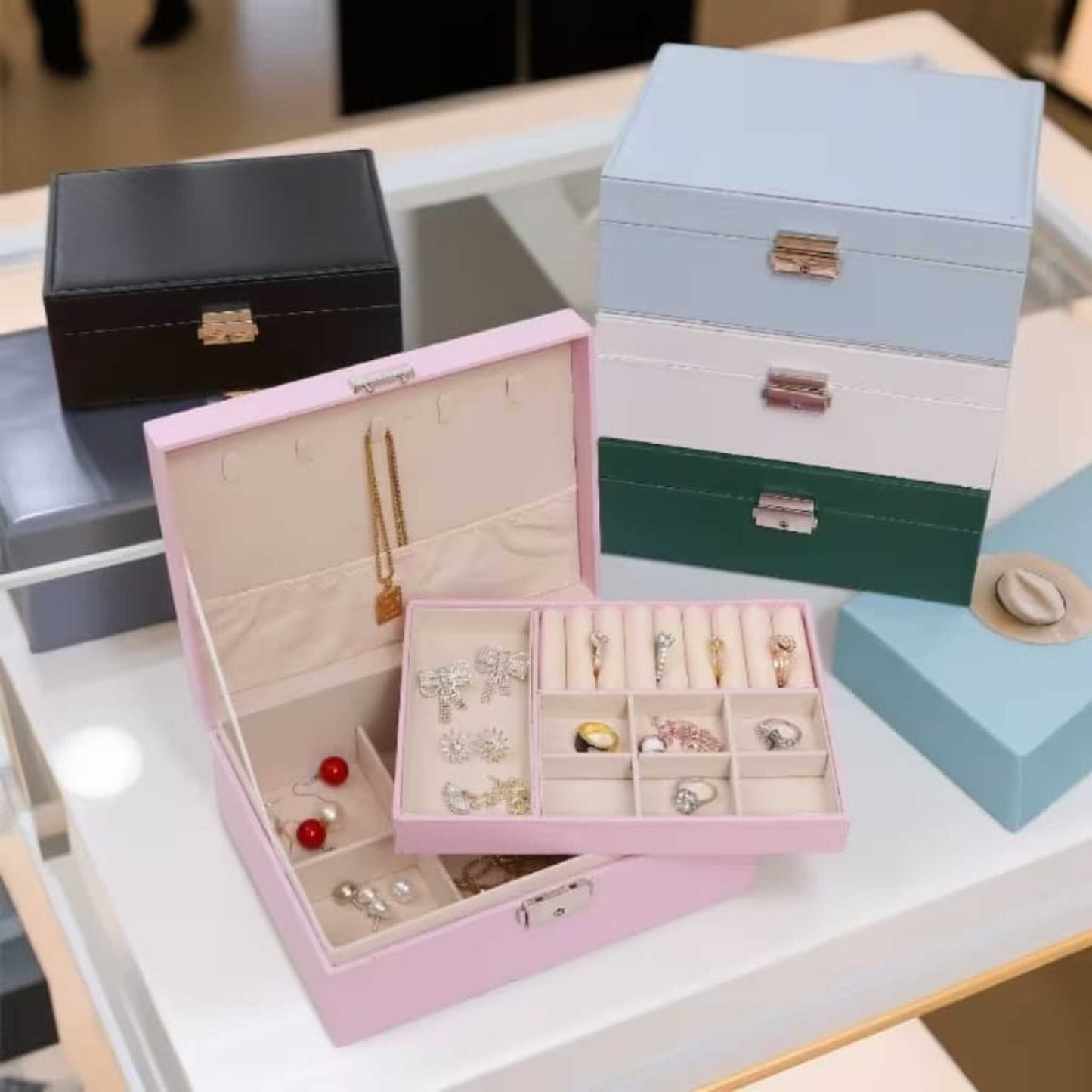 Premium Double-Layer Leather Jewelry Box | Luxury Jewelry Organizer with Lock