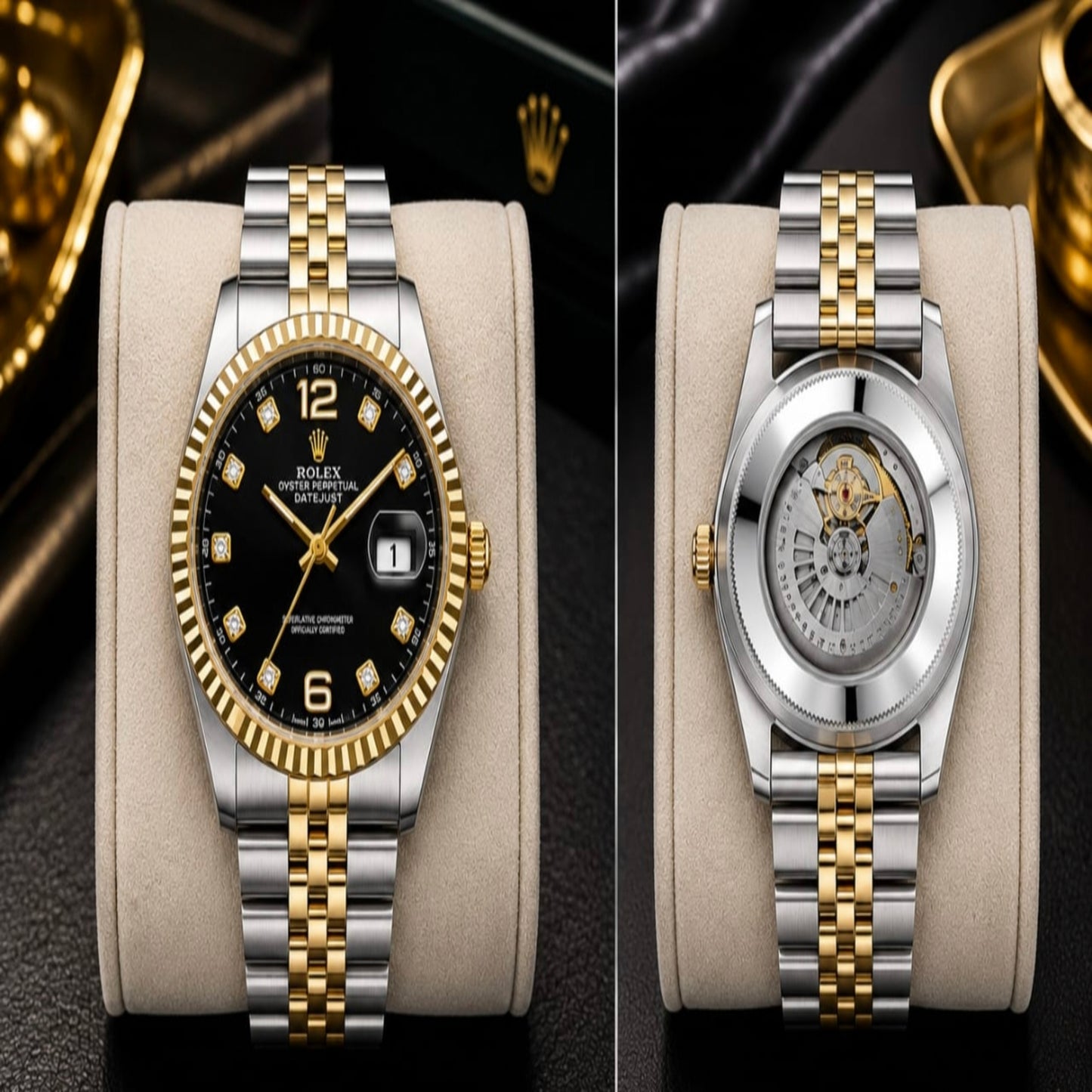 Luxury Two-Tone Automatic Watch – Golden Champagne Dial with Diamond-Style Hour Markers | 5ATM Water Resistant