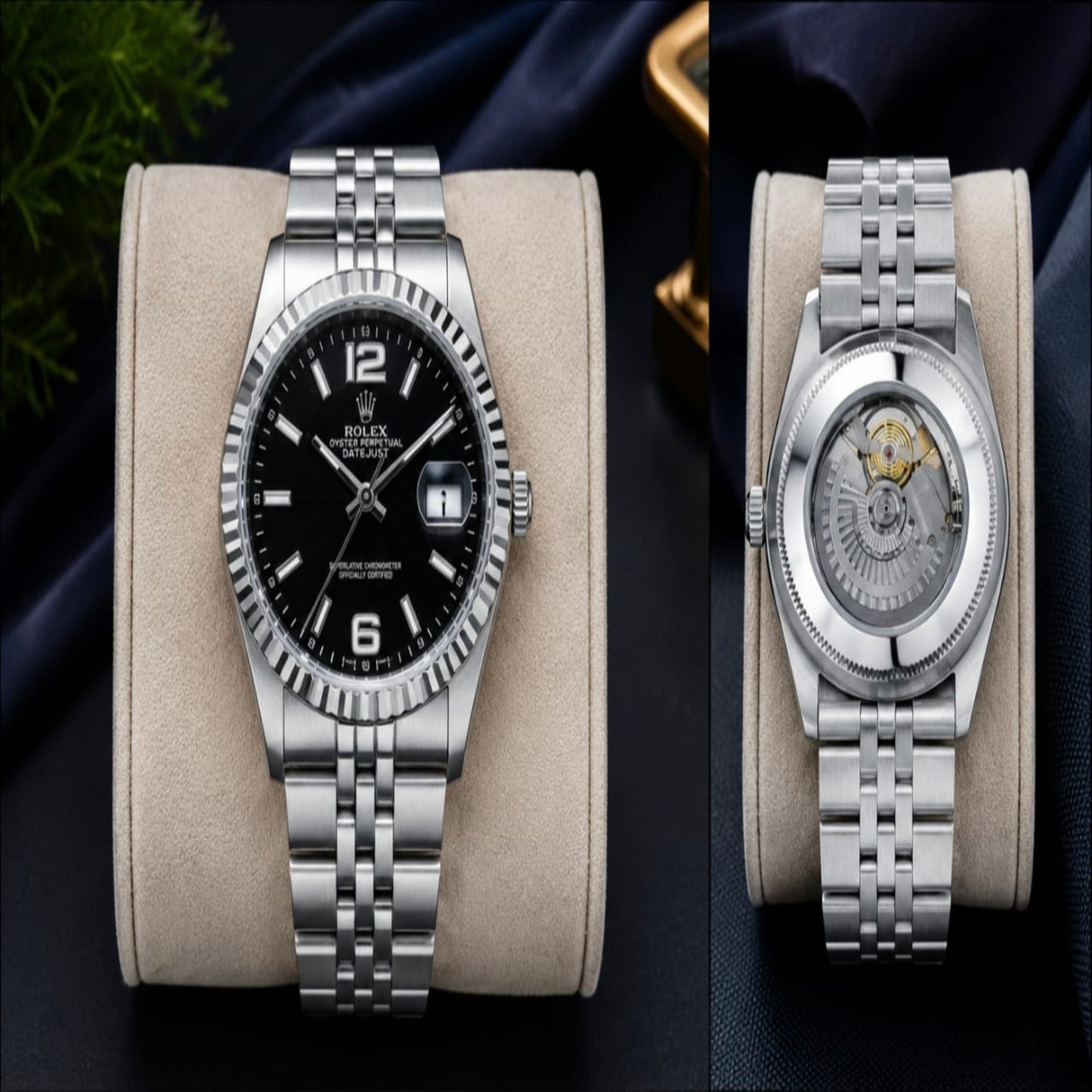 Luxury Two-Tone Automatic Watch – Golden Champagne Dial with Diamond-Style Hour Markers | 5ATM Water Resistant