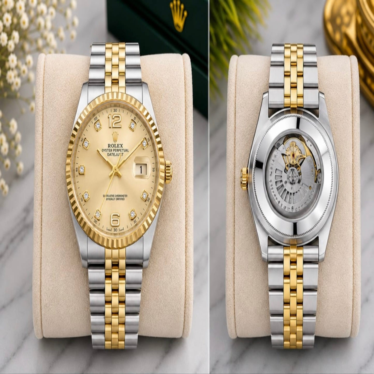 Luxury Two-Tone Automatic Watch – Golden Champagne Dial with Diamond-Style Hour Markers | 5ATM Water Resistant