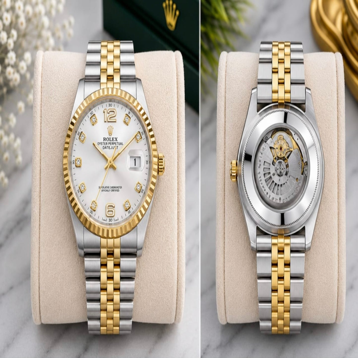 Luxury Two-Tone Automatic Watch – Golden Champagne Dial with Diamond-Style Hour Markers | 5ATM Water Resistant