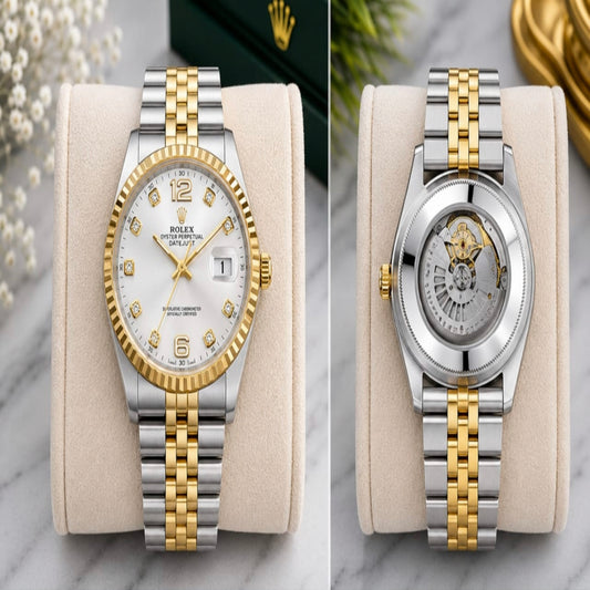 Luxury Two-Tone Automatic Watch – Golden Champagne Dial with Diamond-Style Hour Markers | 5ATM Water Resistant