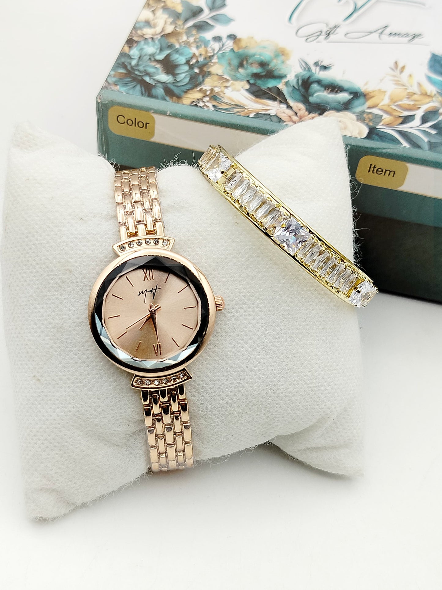 Elegant Rose Gold Women's Watch & Crystal Bracelet Gift Set | Mirror Glam