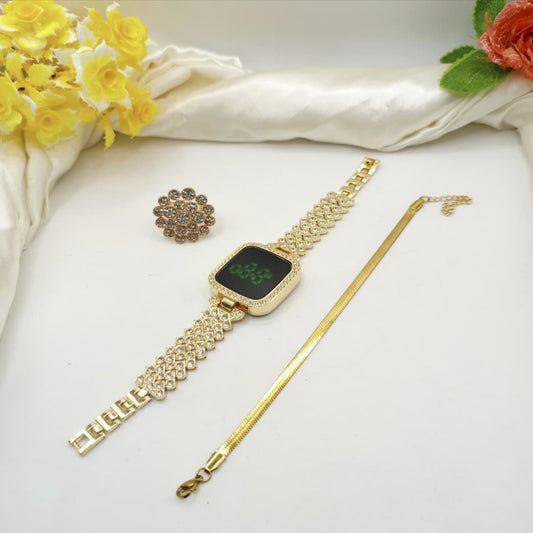 Gold Digital Watch & Statement Floral Ring Gift Set | Mirror Glam