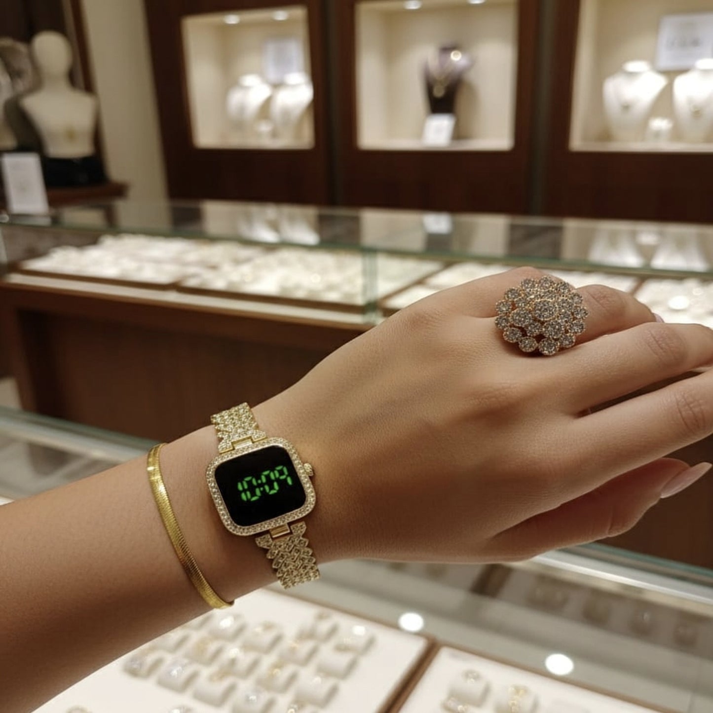 Gold Digital Watch & Statement Floral Ring Gift Set | Mirror Glam