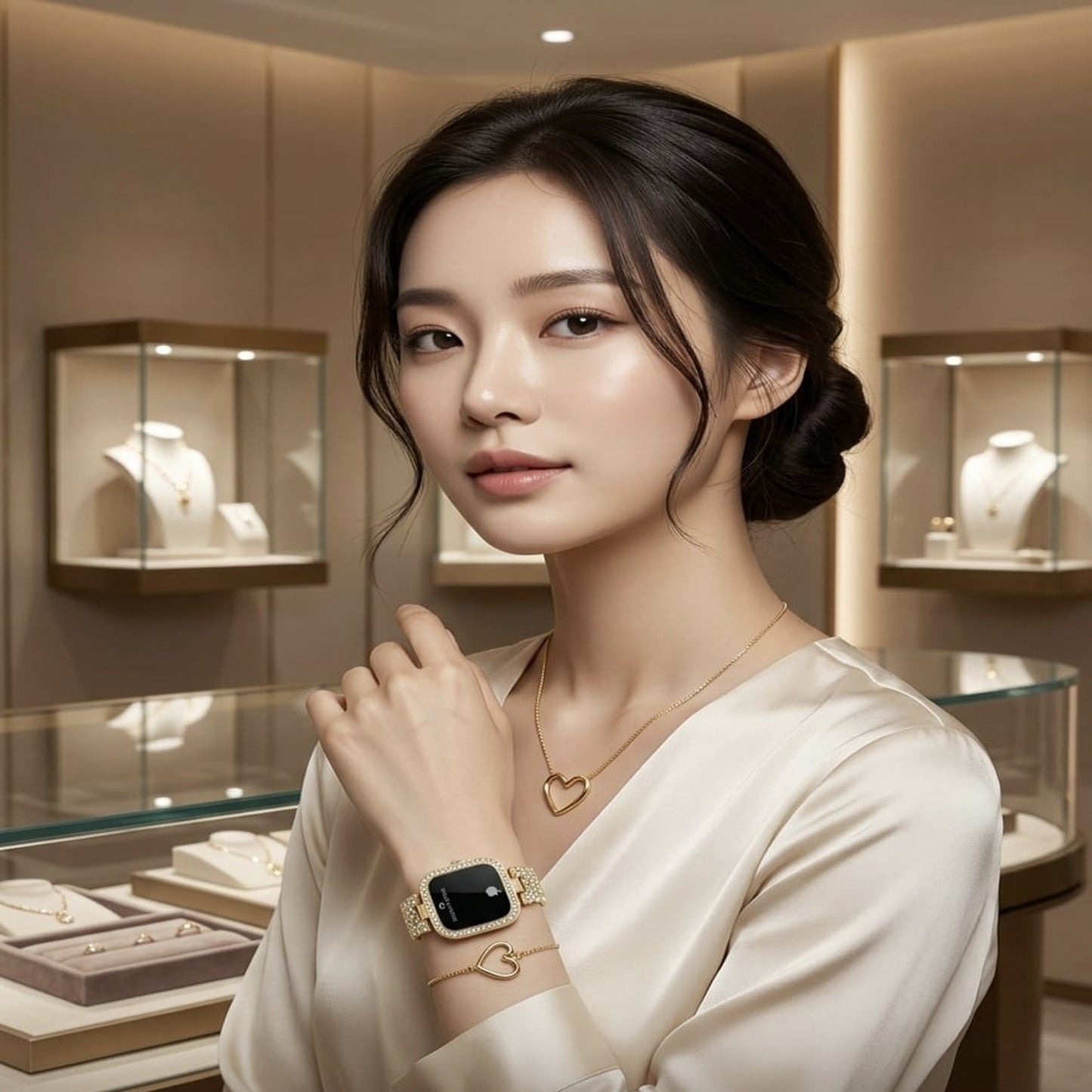 Heart Jewelry Set & Diamond Smart Watch Combo Gift | Mirror Glam