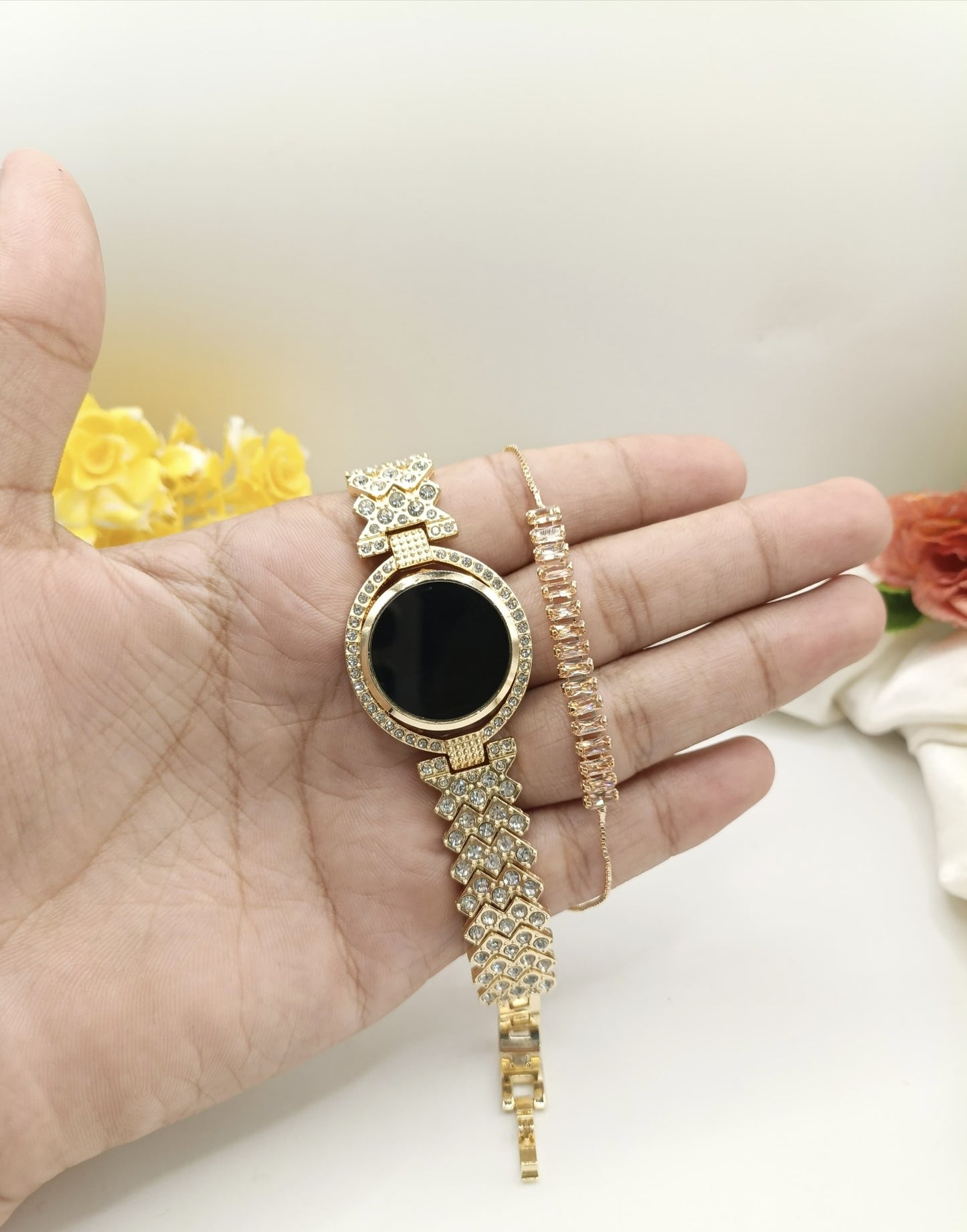 Elegant Golden Ladies Watch & Charm Bracelet Set Black Dial | Mirror Glam