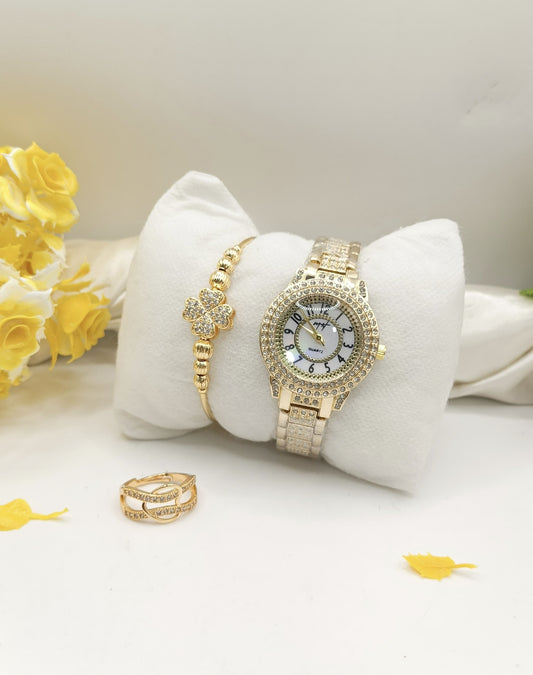 Golden Ladies Watch Set with Clover Bracelet & Ring – Zeenora