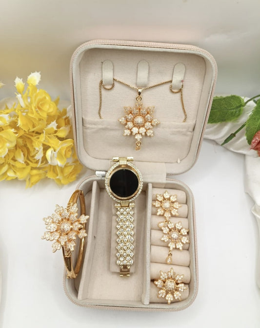 Elegant Flower Design Golden Jewelry Combo Set | Mirror Glam Pakistan