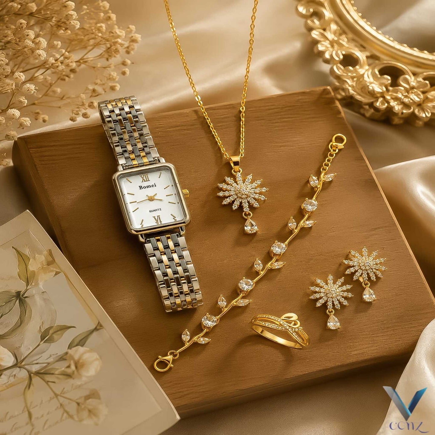Luxury 5-Piece Golden Watch & Jewelry Set for Women | Crystal Floral Edition | Perfect Gift