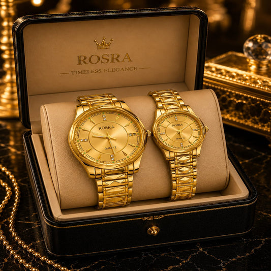 ROSRA Couple Watch Set – Full Gold Dial Quartz | Timeless Elegance Gift Box | Mirror Glam
