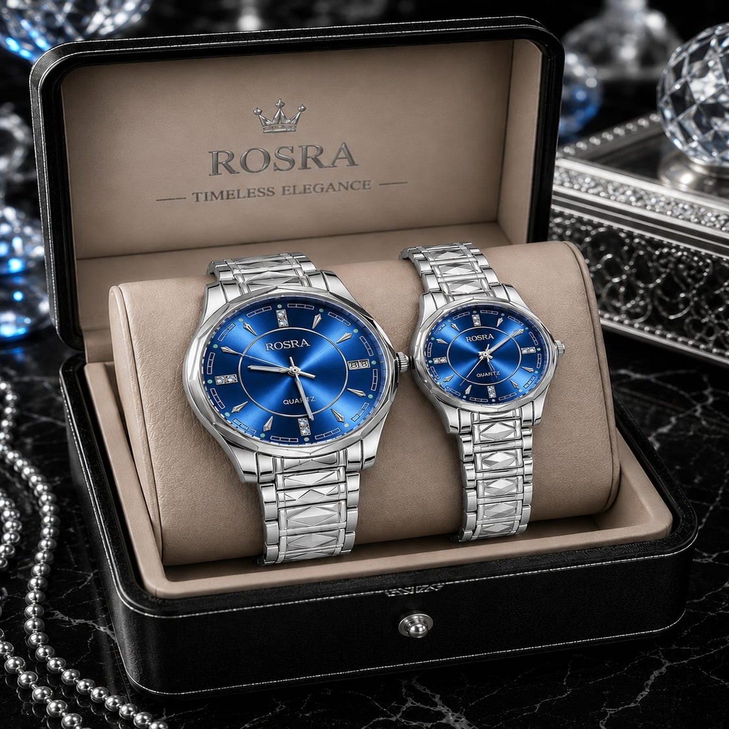 ROSRA Couple Watch Set – Deep Blue Dial Silver Stainless Steel Quartz | Gift Box | Mirror Glam