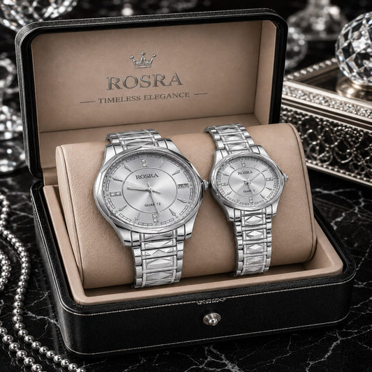 ROSRA Couple Watch Set – Silver White Dial Quartz | Timeless Elegance Gift Box | Mirror Glam