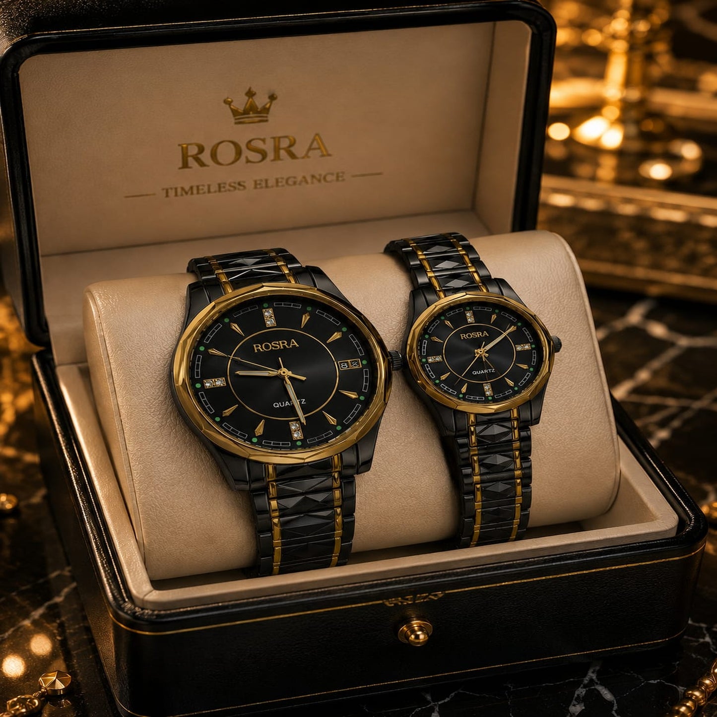 ROSRA Couple Watch Set – Matte Black Dial Gold Accents Quartz | Gift Box | Mirror Glam