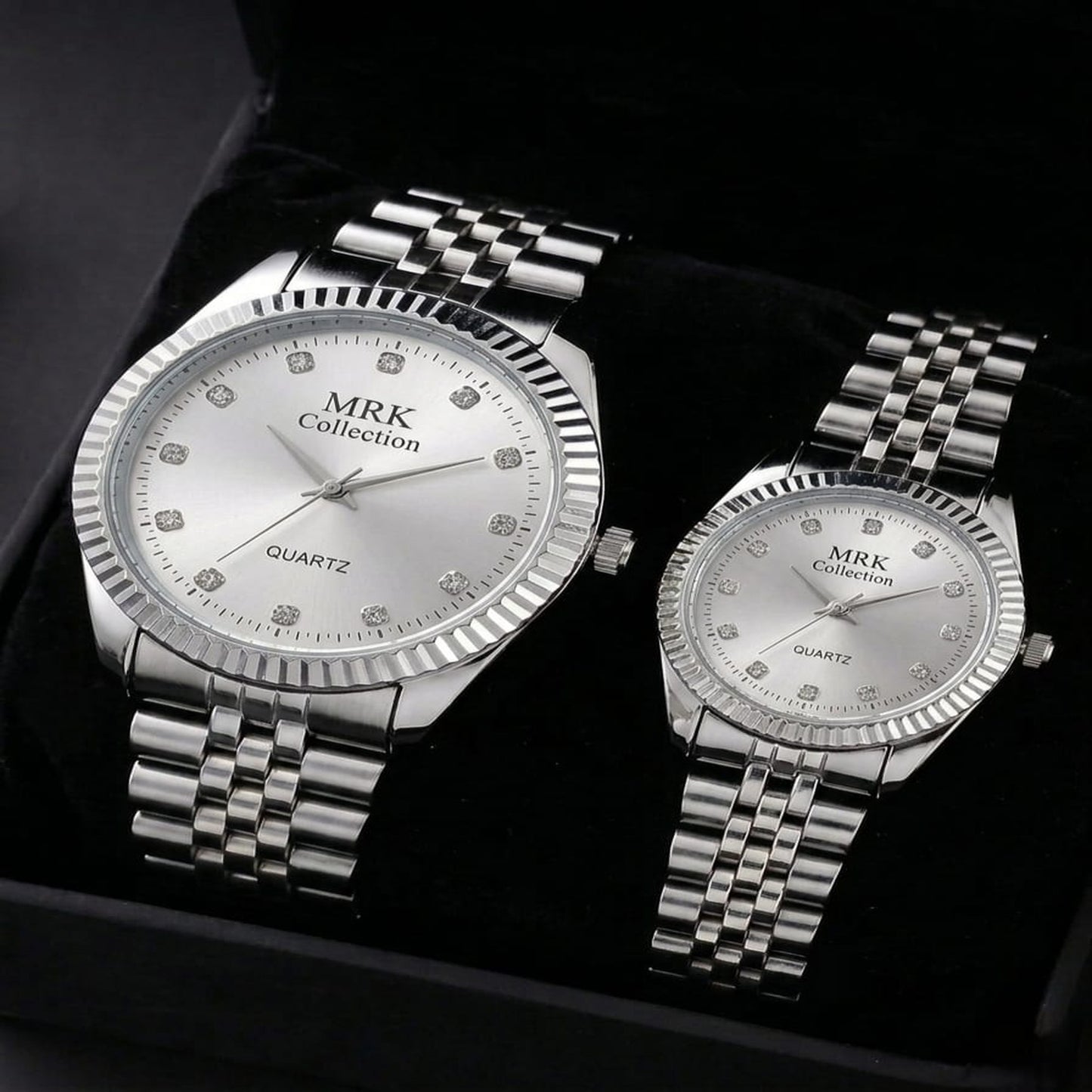 MRK Collection Couple Watch Set – Silver White Dial Quartz | His & Hers Gift Box | Mirror Glam