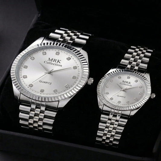 MRK Collection Couple Watch Set – Silver White Dial Quartz | His & Hers Gift Box | Mirror Glam