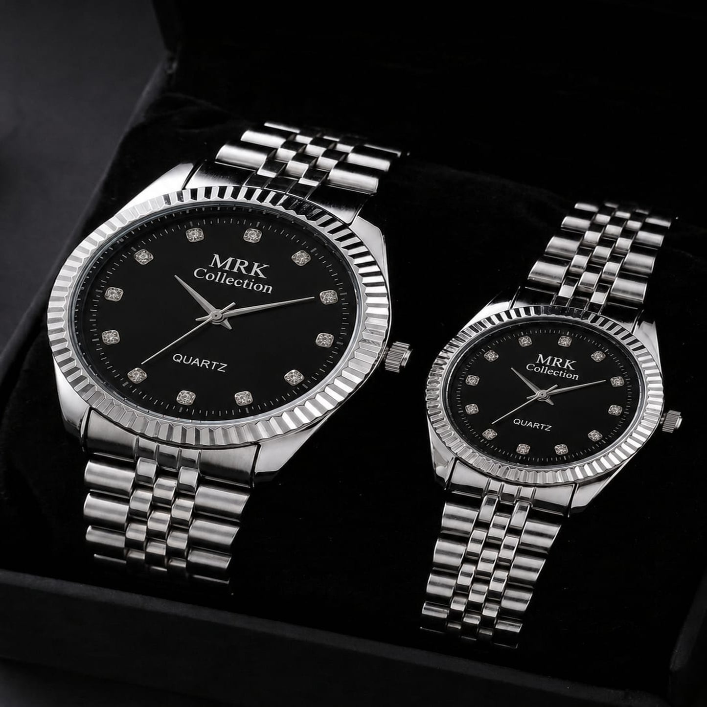 MRK Collection Couple Watch Set – Bold Black Dial Quartz | His & Hers Gift Box | Mirror Glam