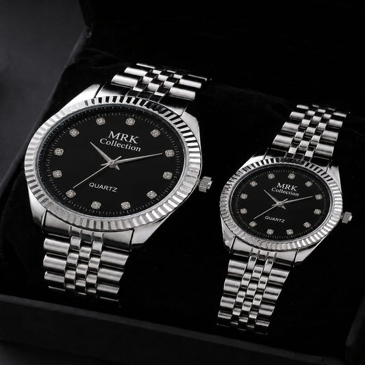 MRK Collection Couple Watch Set – Bold Black Dial Quartz | His & Hers Gift Box | Mirror Glam