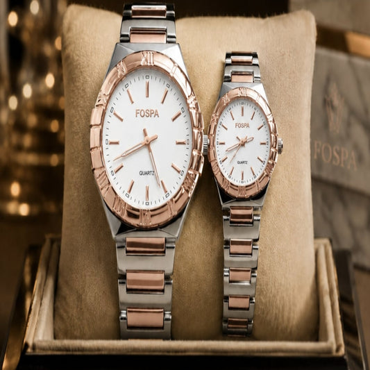 FOSPA Luxury Couple Watch Set – Premium Rose Gold & Silver Dual-Tone Quartz Watches for Men